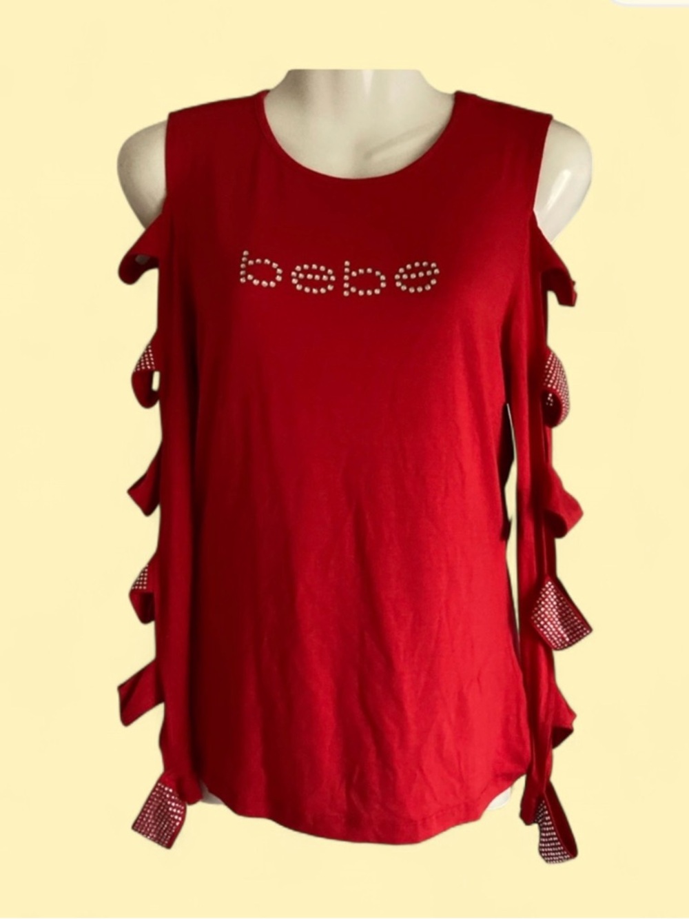 bebe Red Sleeveless Side-Tie Rhinestone Logo Tank